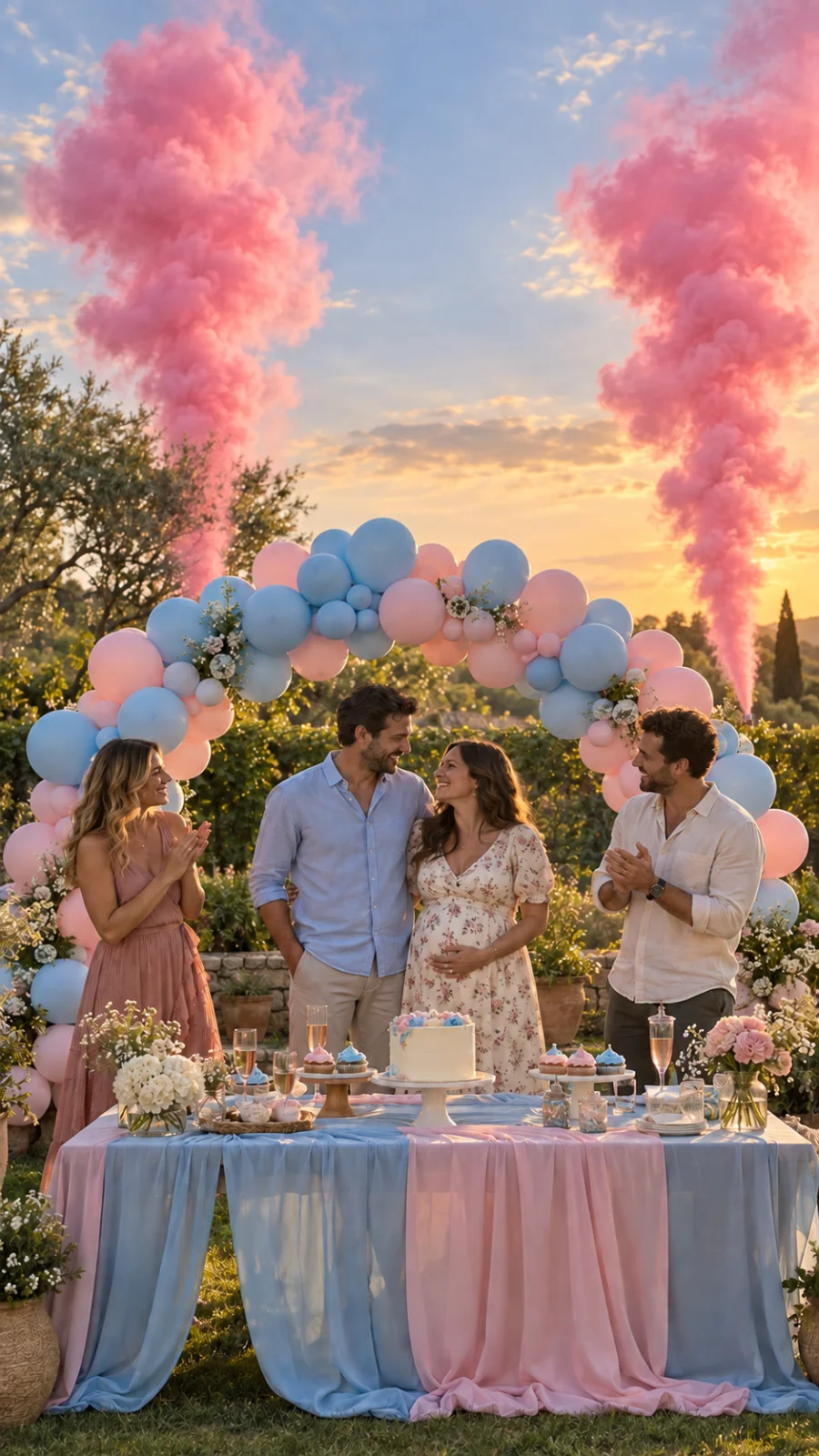 Γιορτή Gender Reveal με ζευγάρι, αψίδα μπαλονιών και ροζ καπνογόνα